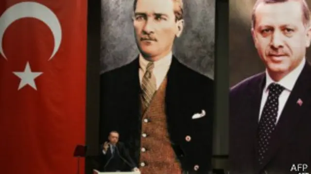 primeiro-ministro turco faz pronunciamento diante de um pôster seu e de Ataturk 