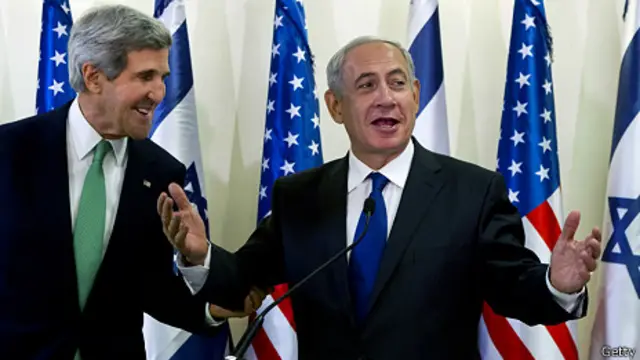 Secretario estado EEUU john Kerry y primer ministro de Israel, Benjamin Netanyahu.