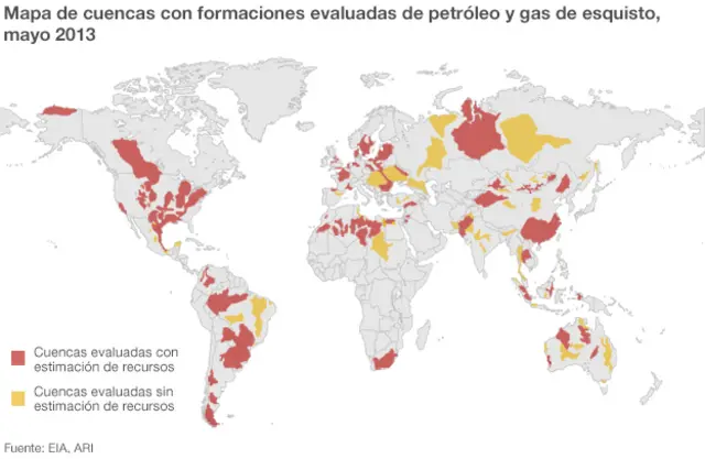 Mapa de cuencas a nivel global con recursos evaluados de gas de petróleo y gas de esquistoo