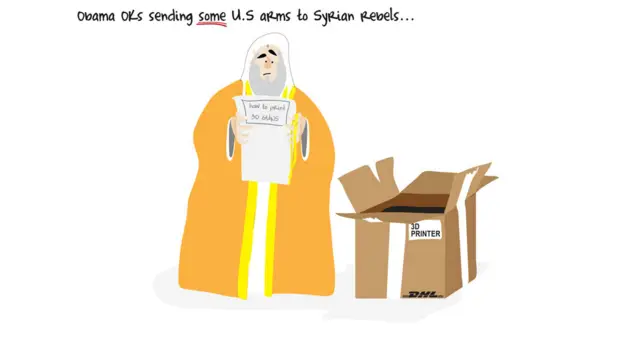 Қўшма Штатлар Сурия исёнкорларини дастаклаши мумкинлиги Америкада 3 ўлчамли принтер технологиясидан қурол ясалгани ҳақидаги хабарлар билан бирга маълум бўлди. Рассом бу ерда ҳар икки хабарни бир-бирига боғлаб, АҚШ ёрдамлари қийматини шубҳа остига олади