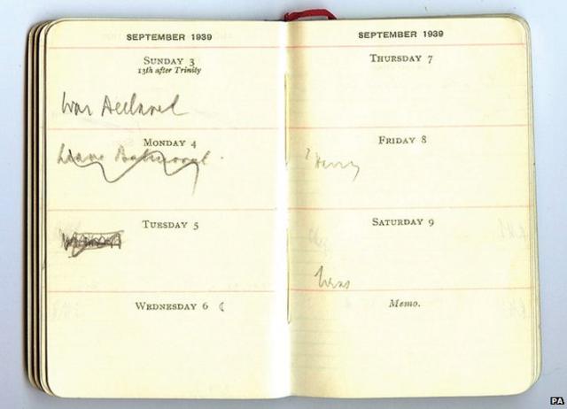Diario de Chamberlain con anotación el día de la declaración de guerra.