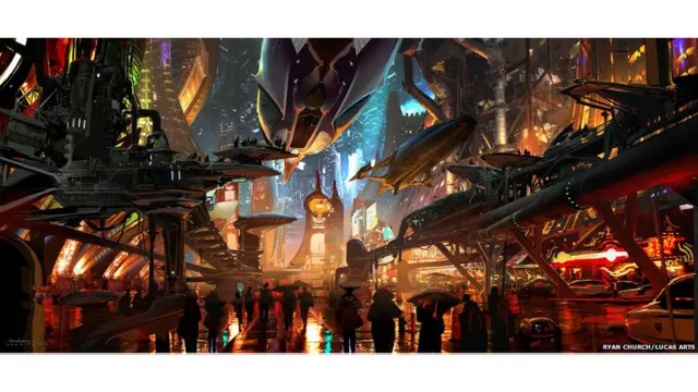 Ryan Church: Coruscant underworld entertainment corridor. Concept art for Star Wars 1313 - proposed video game 