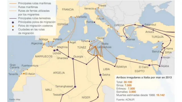 La agencia europea Frontex y el Centro Internacional de Política de Desarrollo Migratorio (ICMPD) han desarrollado un mapa con los principales detalles sobre las rutas migratorias desde África hasta Europa