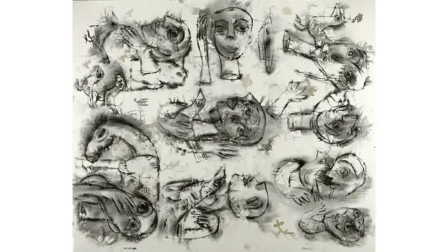 این اثر بدون عنوان از فادی یازیگی با تکینک میکس‌مدیا روی بوم خلق شده است. یازیگی متولد سال ۱۹۶۶ و دانش‌آموخته رشته هنرهای زیبا از دانشگاه دمشق است