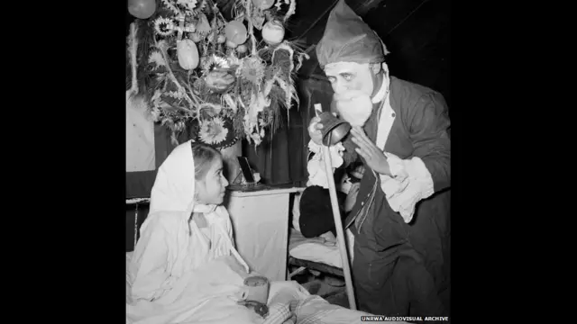 تتلقى وكالة الأونروا معظم أموالها من تبرعات من الدول الراعية، بالإضافة إلى مساهمة بعض المنظمات الخيرية. الصورة لرجل يرتدي زي سانتا كلوز يزور طفلة في مخيم للاجئين بعمان عام 1971.