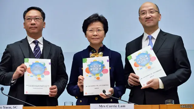 香港政务司司长林郑月娥（中）、律政司司长袁国强（左）与政制及内地事务局局长谭志源（右）展示政改咨询文件（香港政府新闻处图片4/12/2013）