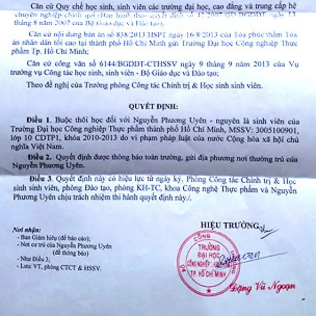 Quyết định buộc thôi học với Phương Uyên