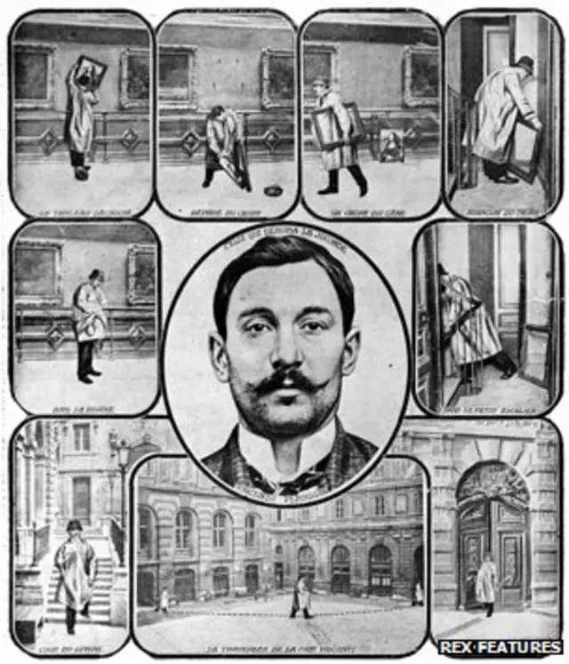 Una representación del robo muestra a Peruggia metiéndose el lienzo bajo el abrigo.