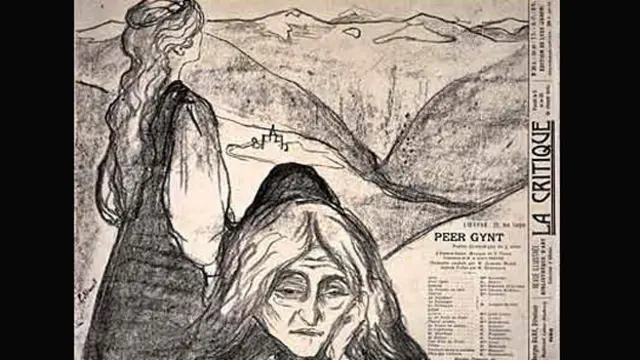 اعلان نمایش «پیر گینت» اثر ایبسن برای تیاتر «دو لووق» پاریس که در سال 1909 به وسیله مونک طراحی شد. به اعتراف خود مونک، این نمایشنامه برای دههها الهام بخش او بود و وی بر اساس آن، چندین اثر با تکنیکهای مختلف خلق کرد. شخصیت پیر خیلی به شخصیت مونک نزدیک بود. او نیز همانند مونک مجبور شد که فضای خفقانآور و تنگ نظرانه خانه خود را ترک کند. هنگامی که مونک در سال 1909 از کلینیک یاکوبسون در کپنهاک ترخیص شد به یکی از دوستانش چنین گفت: این پیر گینت است که قبل از بازگشت به نروژ آمده تا با تو خداحافظی کند.