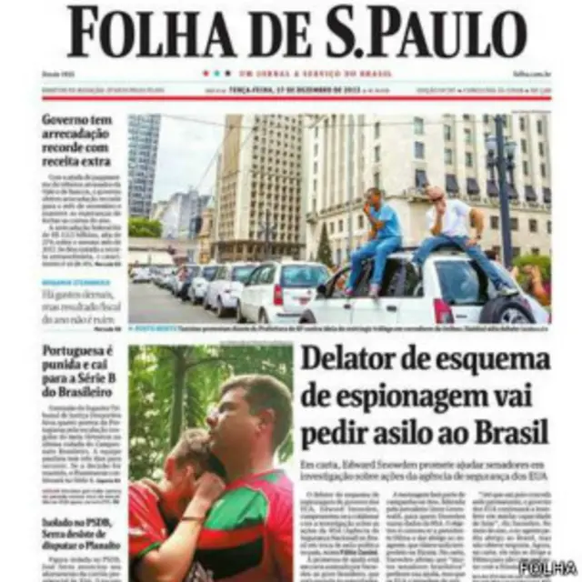 Portada de Folha con la carta de Snowden