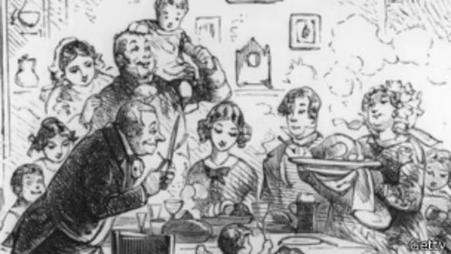 维多利亚富人家庭在吃圣诞烤肉大餐