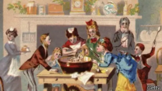 1860年代的圣诞卡上显示的普通英国家庭的圣诞场景