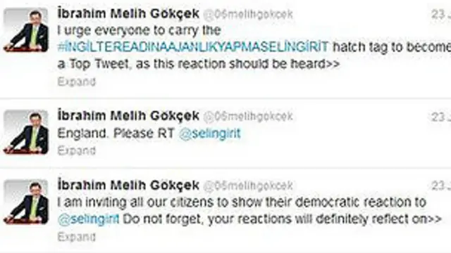 از همه می‌خواهم از این هشتگ استفاده کنند تا جزو توییت‌های برتر شود، چرا که این عکس‌العمل باید شنیده شود انگلیس. بازتوییت لطفا @selingirit از همه شهروندان‌مان دعوت می‌کنم به @selingirit عکس‌العمل دموکراتیک نشان دهند. فراموش نکنید، عکس‌العمل شما قطعا منعکس خواهد شد.