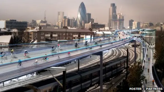 “空中自行车道”(SkyCycle)由著名建筑师佛斯特设计,拟建设在城市铁路上方。