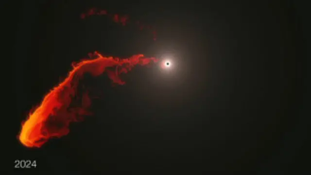 Buraco negro engolindo nuvem de gás. Cortesia: ESO/MPE/M.Schartmann