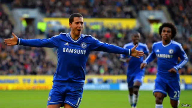 هازارد يحتفل بهدفه أمام هال سيتي 