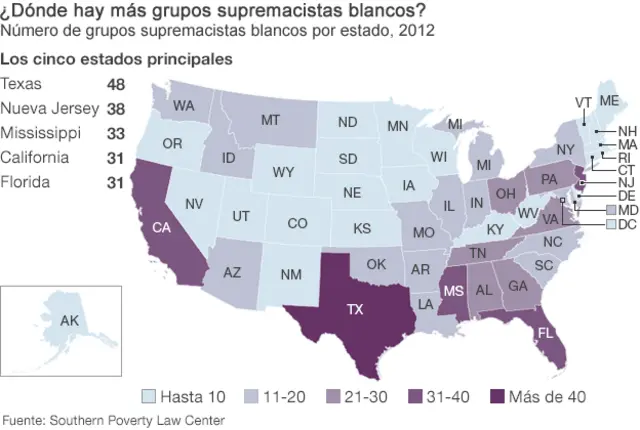 Mapa de supremacistas blancos en EE.UU.