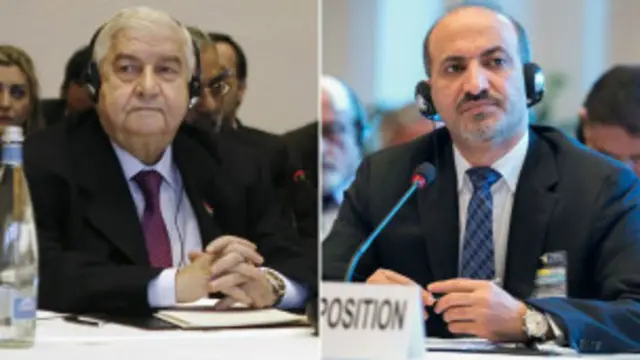 Ngoại trưởng Syria (trái) và lãnh đạo đối lập Syria căng thẳng tại hội nghị