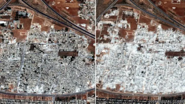 Bu karede, Hama'nın Meşaa el Arbin bölgesinin 28 Eylül 2012'de ve 13 Ekim 2012'de çekilen fotoğrafları görülüyor.