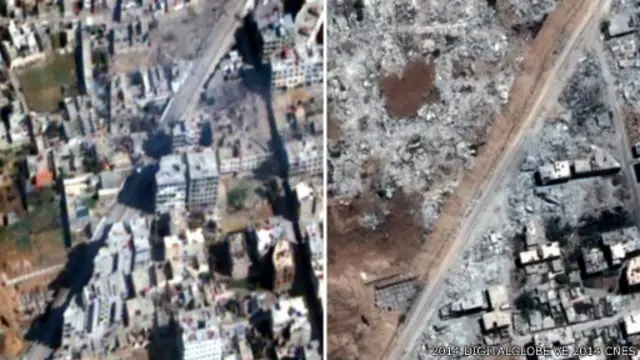 Şam'ın Mezzeh bölgesinde 4 Şubat 2013 ve 1 Temmuz 2013 tarihleri arasında çekilen uydu fotoğrafları.