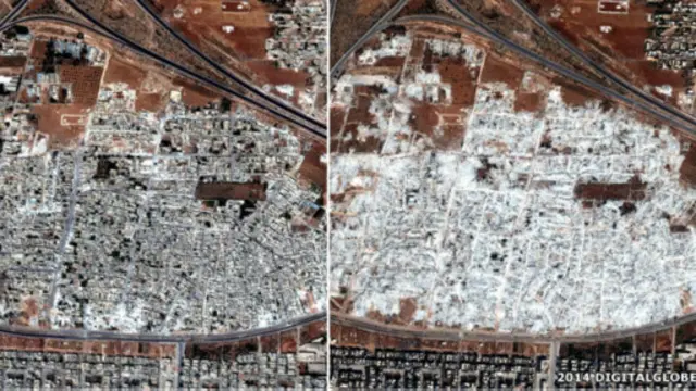 ( عکس سمت چپ) مشاع الاربعین، شهر حما، سپتامبر ۲۰۱۲- (عکس سمت راست) همان منطقه در اکتبر ۲۰۱۲
