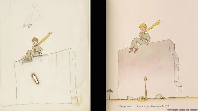 A Fatal Bargain (izquierda). Antoine de Saint-Exupéry. Dibujo preliminar, Nueva York, 1942. Foto cortesía de The Morgan Library and Museum, en Nueva York. Imagen por Graham S. Haber, 2013.