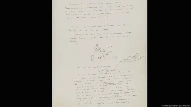 El Principito en casa. Antoine de Saint-Exupéry. Página ilustrada del manuscrito, Nueva York, 1942. Foto cortesía de The Morgan Library and Museum, en Nueva York. Imagen por Graham S. Haber, 2013.