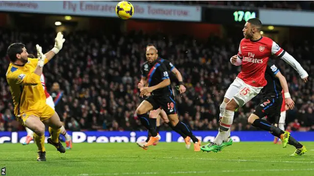 伤愈复出的张伯伦射门