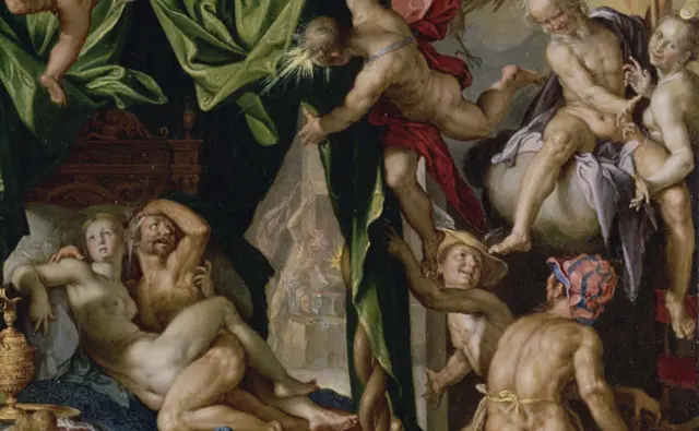 Homero describe cómo Venus y Marte quedaron enganchados ante las "inextinguibles carcajadas" de los dioses. (Joachim Anthonisz, J. Paul Getty Museum).