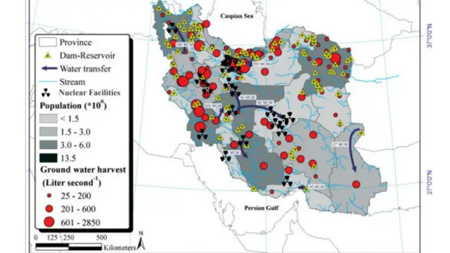 نقشه پراکندگی تاسیسات هستهای ایران و شرایط منابع آبی کشور با توجه به میزان برداشت و شرایط جمعیتی