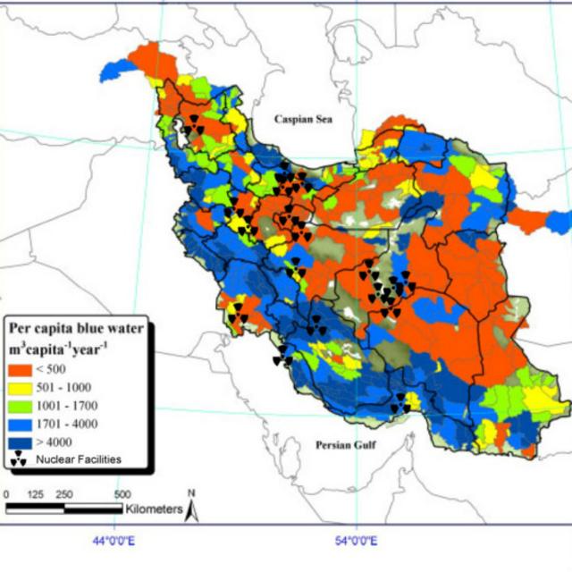 نقشه پراکندگی تاسیسات هسته‌ای ایران نسبت به سرانه  آب شیرین در دسترس