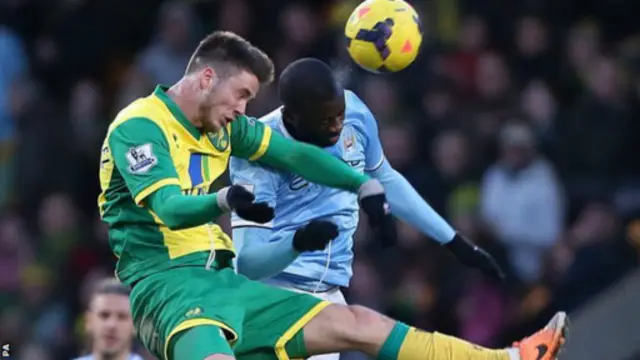 諾維奇前鋒範•沃爾夫斯維克爾與丫丫•圖雷爭頭球