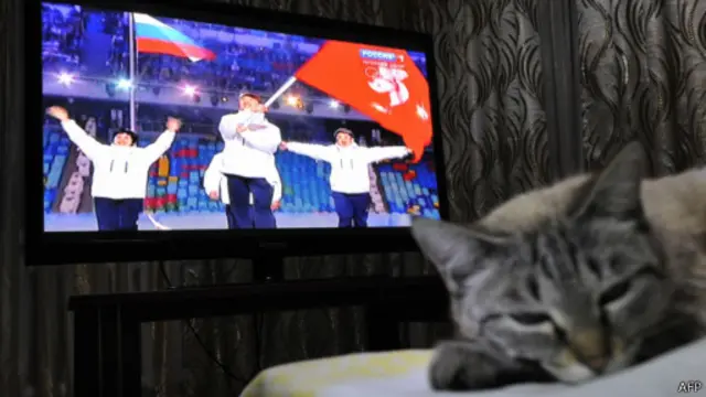 Кошлка перед телевизором с церемонией открытия Олимпиады