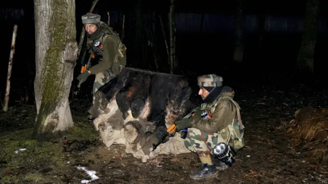 जम्मू कश्मीर के सोपोर में तलाशी अभियान के दौरान भारतीय सेना के जवान.