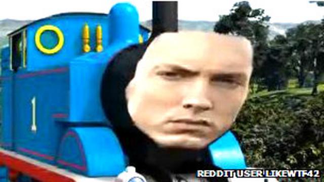 Montaje que muestra una locomotora con el rostro de Eminem