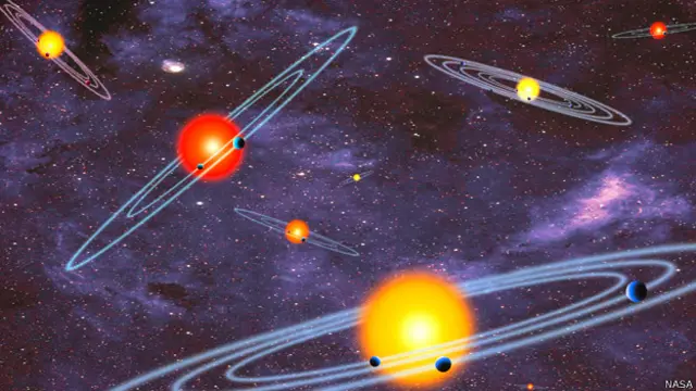 Ilustración de la NASA que muestra múltiples planetas orbitando estrellas fuera del Sistema Solar