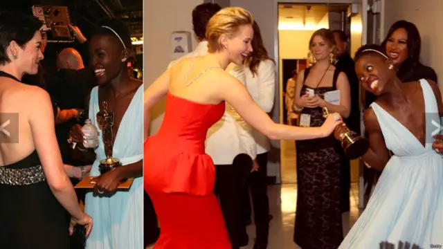 ظهرت الكينية لوبيتا نيونغو في الكواليس مازحة مع منافستيها على الجائزة: الأمريكيتين آن هاثاوي وجينيفر لورينس.