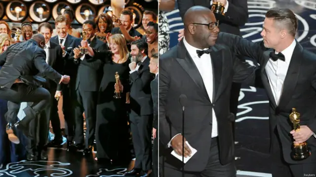 فوز فيلم "12 عاما من العبودية" بجائزة الأوسكار لأفضل فيلم دفع بمنتجه ومخرجه البريطاني ستيف ماكوين إلى القفز فرحا عند تلقيه الجائزة قبل أن يقدم التهنئة للمنتج الأمريكي للفيلم براد بيت.