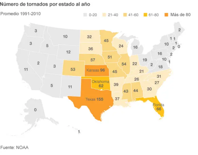 Mapa de tprnados en Estados Unidos