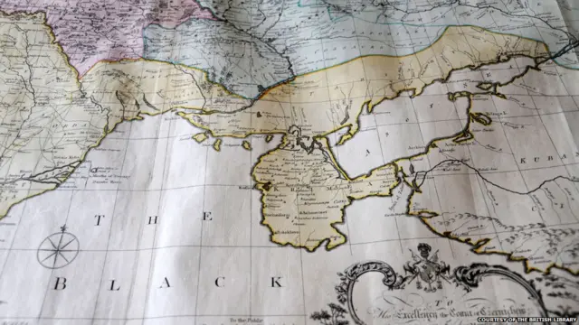 Bu 1769-cu il xəritəsində Krım yarımadası ortada təsvir edilib, sarı rəng Türkiyəni və Kiçik Tartariyanı, göy rəng Rusiyanı bildirir.