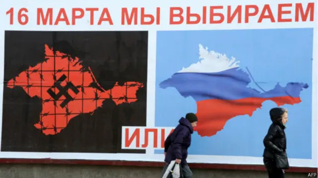 宣传公投海报把克里米亚留在乌克兰形容为受纳粹主义者统治。 