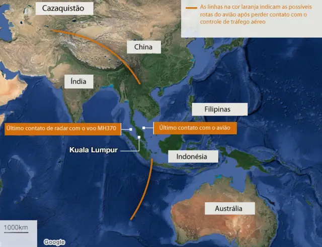 Gráfico sobre a possível trajetória do voo MH370 após perder contato com autoridadessportingbet jogo adiadosolo | Crédito: BBC Brasil