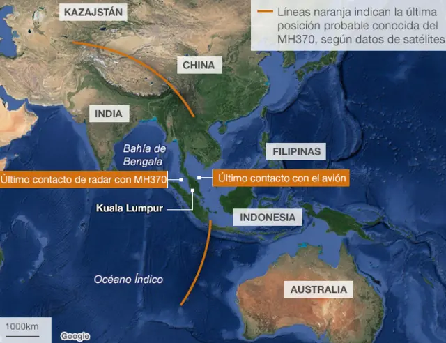 Mapa que muestra los corredores de búsqueda del avion de Malaysia Airlines