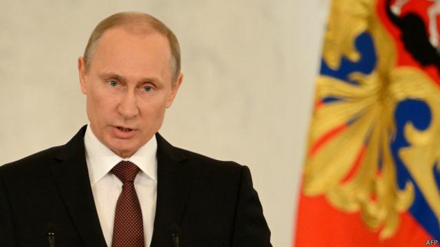 俄羅斯總統普京18日在國家議會就克里米亞公投申請入俄發表講話。

