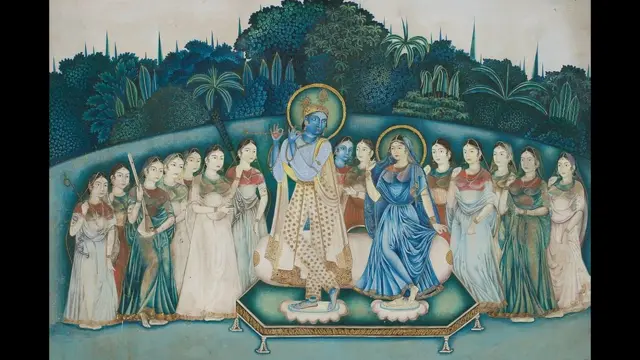 آرٹسٹوں نے ہمیشہ کرشن بھگوان کو ہمیشہ بانسری پکڑے دکھایا ہے۔اس پینٹگ میں کرشنا اپنی گوپیوں کے جھرمٹ میں بانسری بجا رہے ہیں۔