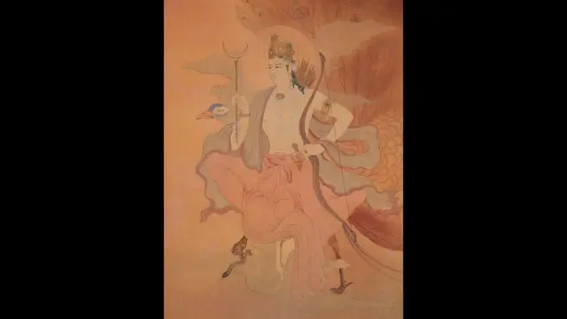 شیو دیوتا کے بیٹے کارتھک اپنے ساتھی پاروتی کے ساتھ نظر آ رہے ہیں۔ پاروتی کو ہندو مذہب میں جنگ کی دیوی مانا جاتا ہے۔