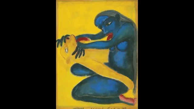 گوگی سروج پال کی پینٹگ میں ماتا کالی کو یوگا کرتا ہوئے دکھایا جا رہا ہے۔ ماتا کالی کو اکثر شیروں اور بھوتوں کے اوپر ناچتے ہوئے دکھایا جاتا ہے۔