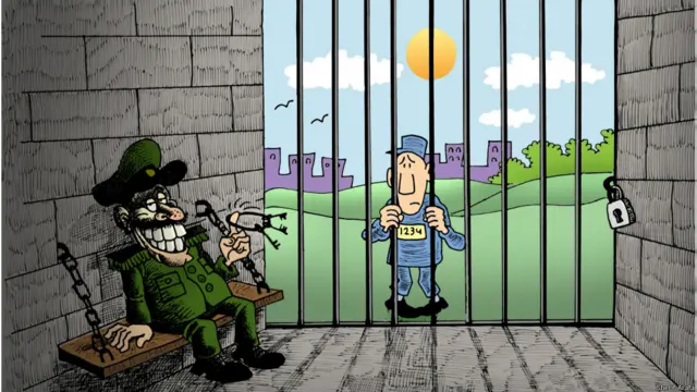 شريف عرفة رسام كاريكاتير مصري يصف صورته بـ "الحرية وجهة نظر"، ويرى أن السجان قد يكون هو المسجون، وأن السجين قد يكون حرا. 