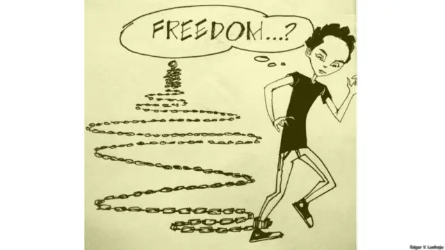 إدغار كيه لوشاجو من تنزانيا يقول إن "البشر ينسون أن سلطتهم أعظم ممن يحظون بالسلطة"، ويصف عمله الفني بشخص يقبل بـ "قيود الحرية". 