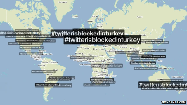 Este mapa muestra cómo se usó la etiqueta #twitterisblockedinturkey en todo el mundo.